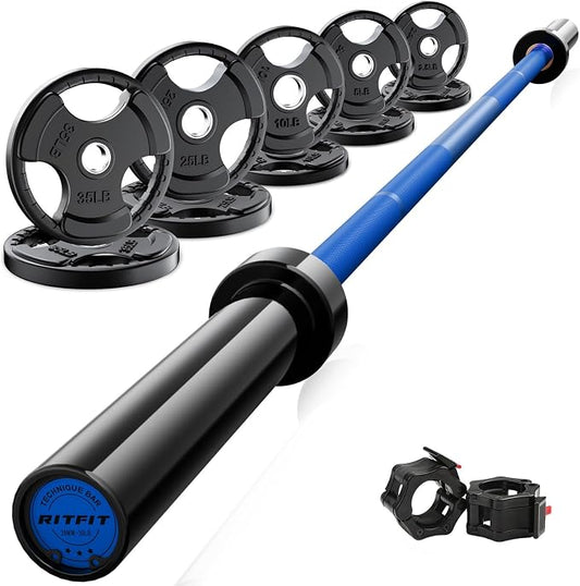 RitFit Barbell Weight Set - 4/6FT Olympic Barbell with Weight Plates (55-115LB Total) - Weightlifting Equipment for Squats, Curls, Deadlifts, Presses, Hip Thrusts