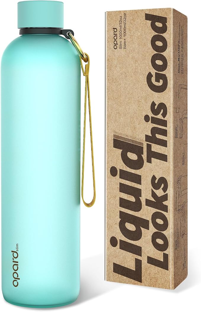 Opard Slim Water Bottle 32oz, Dishwasher Safe Plastic Water Bottle BPA-Free, Leakproof Screw Top,Aqua Green, Reusable for Travel School Sport Gym Hiking