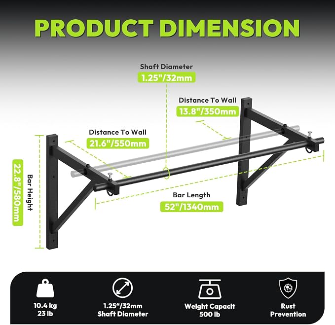 HANDBODE Wall Mounted Pull Up Bar for Doorway, 52''/36'' Chin Up Bar | 500 lb Capacity, Thickened Steel Construction, Joist Mounted