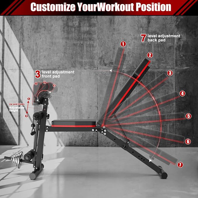 XDDIAS Adjustable Weight Bench, Workout Bench with Leg Extension and Preacher Curl Pad, Weight Bench for Home Gym, Foldable Exercise Bench, Quick Adjustment Incline Bench Press