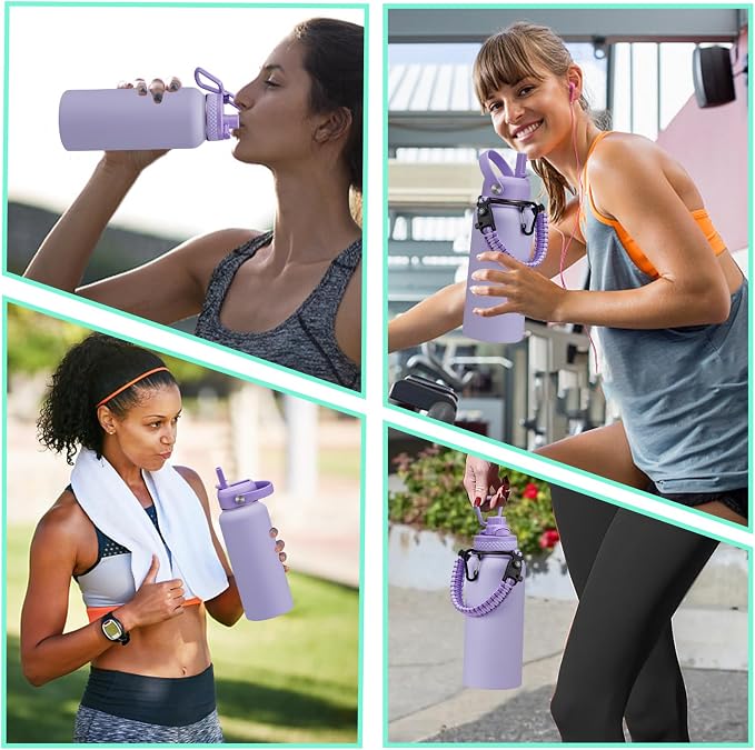 Insulated Water Bottle 32 oz - with Straw & Pop-up Spout Lid, Paracord Handle, Carrier Shoulder Strap, Protective Boot, Wide Mouth Double Walled Vacuum Insulated Gym Water Bottle for Women