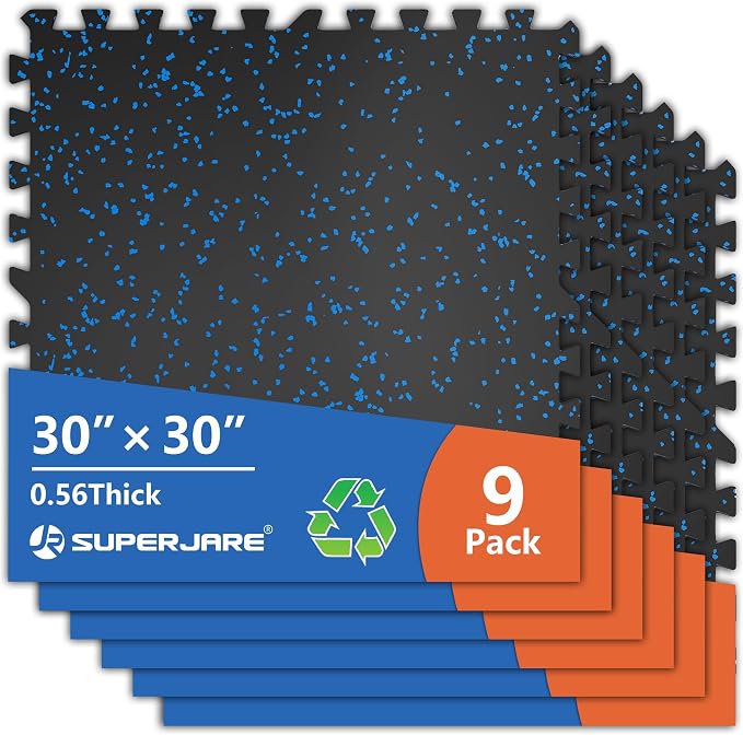 SUPERJARE 30" x 30" Larger Rubber Top Exercise Equipment Mats, 0.56" Thick 9PCS 56.3 Sq Ft High-Density EVA Foam Interlocking Gym Flooring, Big Workout Mat for Home Gym, Floor Protection, Black/Blue