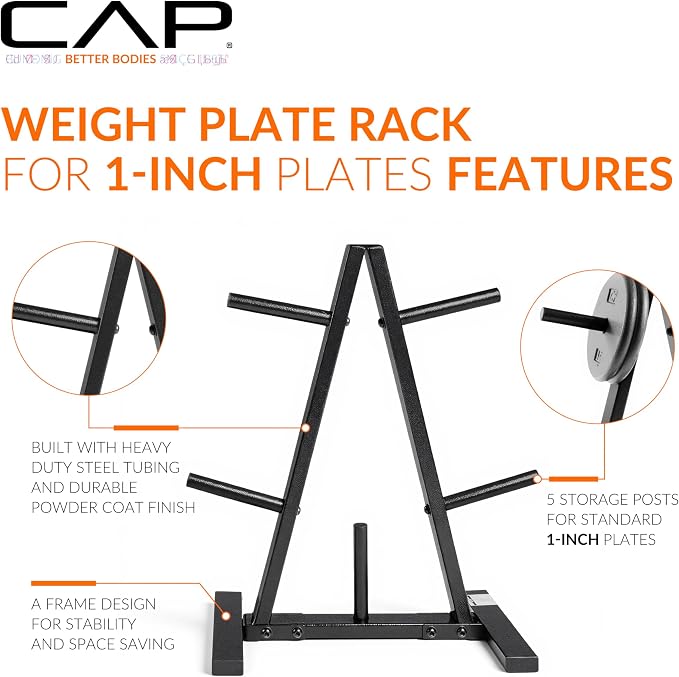 CAP Barbell 1-Inch Plate Tree Rack, Black | Heavy-duty plate tree, Space-saving storage, Organizes 1-inch standard weight plates, strength training Home gym equipment