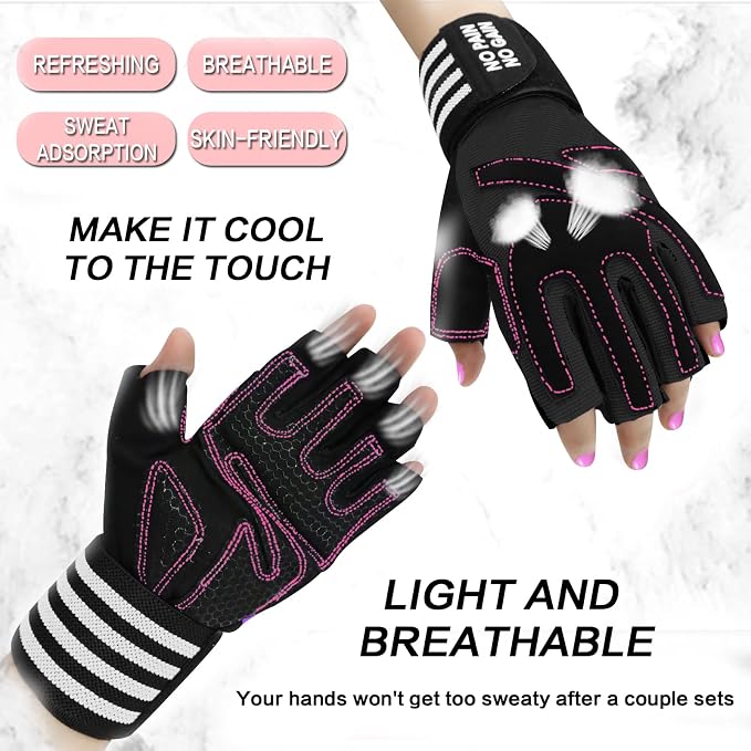 Weight Lifting Gloves for Women Gym Workout with Wrist Support,Padded Half Finger Gloves for Fitness Exercise
