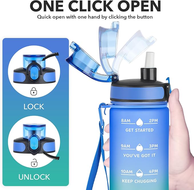 Enerbone Water Bottle, Leakproof BPA & Toxic Free, Motivational Water Bottle with Times to Drink and Straw, Fitness Sports Water Bottle with Strap for Office, Gym, Outdoor Sports