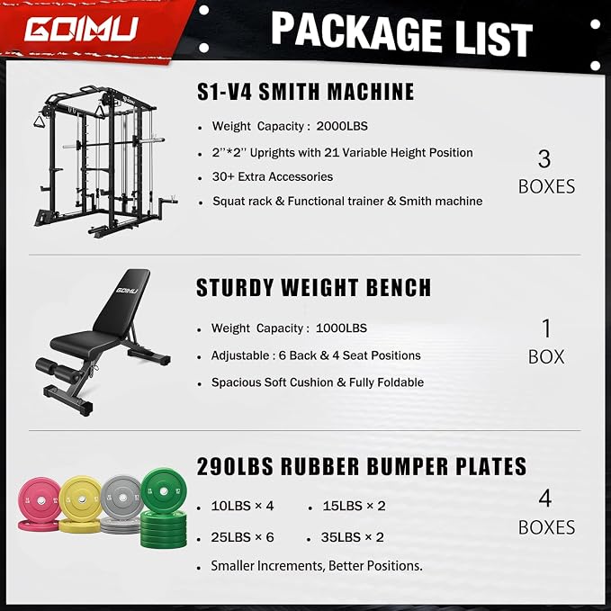 S1-V4 Smith Machine, 2000LBS Power Cage with Cable Crossover System, All-in-One Squat Rack with Smith Bar, Strength Training Equipment for Home Gym