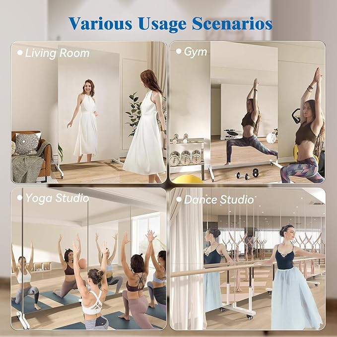 71”x 39” Extra Large Full Body Floor Mirror with 360° Lockable Wheels, Super Lightweight Glassless Shatterproof Surface, Rolling Full-Length Mirror for Yoga, Dance Studio, Home Gym, White