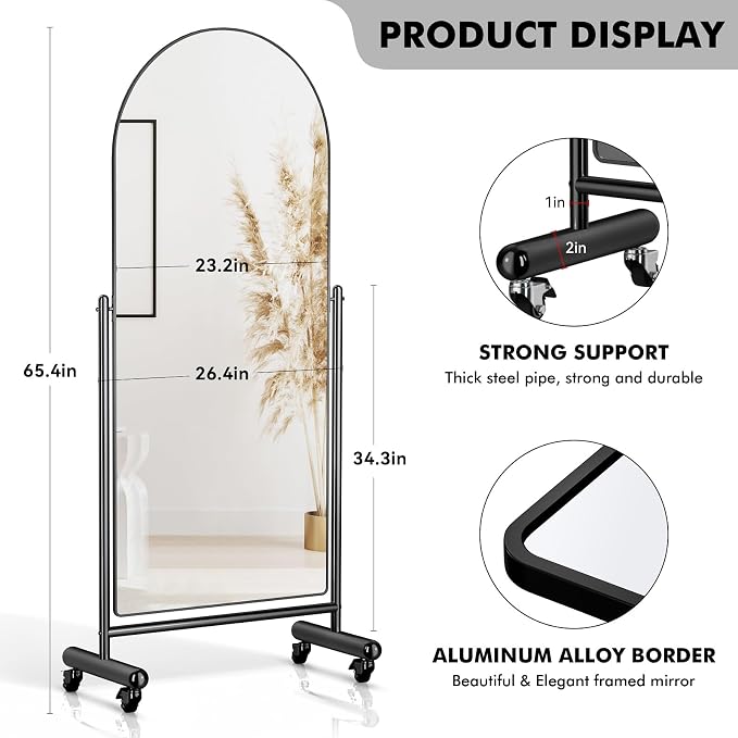 Modern Arch Mobile Floor Mirror, 65"L x 23"W, Black Metal Frame, Tilting, Rolling Wheels