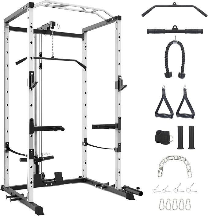 GarveeLife Power Cage, Multi-Function Squat Rack with LAT Pulldown, 1600 LBS Weight Capacity Fitness Power Rack with Cable Pulley System and j-Hooks, Dip Bars and Landmine Attachment for Home Gym