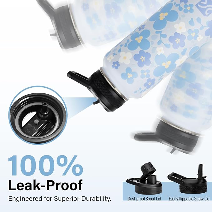 DYSANKY Insulated Water Bottle Gift– Stainless Steel Bottle with Carrier Bag, Strap & Gift Box – BPA-Free – Ideal for Hiking, Camping & Travel - Blue Flower 40 oz