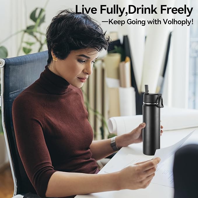 Volhoply 24oz Insulated Water Bottle With Straw Bulk 6 Pack,Metal Wide Mouth Water Bottles With Handle Lid Keep Cold,Reusable Double Wall Cups,Powder Coated Sport Bottle For Holder(Black,6 Count)
