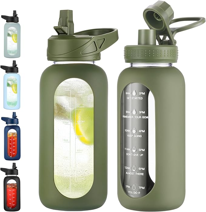 EALGRO 32 oz Glass Water Bottle with Straw, Large Sports Water Jug | Motivational Water Bottle with Time Marker and Silicone Sleeve, Flask Cup with Handle for Travel, Gym, Hiking, Army Green