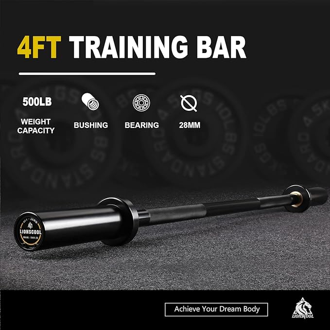 LIONSCOOL 4ft/4.9ft/6ft 2-Inch Olympic Barbell for Strength Training | Weightlifting, Squat, Curl, Deadlift, Press, Hip Thrust Straight Weight Bar, 350/500lbs Capacity, Chrome, Black, Silver, Red