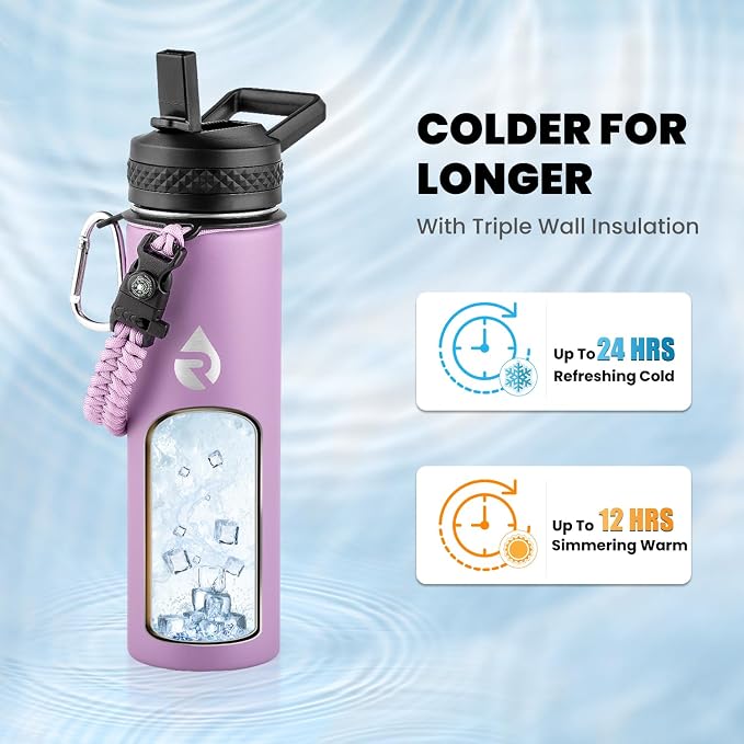 RAYMYLO Insulated Water Bottle 20 oz, Triple Wall Vacuum Stainless Steel | (Cold for 24Hrs, Hot for 12Hrs), Leak Proof & Non-BPA, Modern Water Bottle Jug for School with Straw Spout Lids