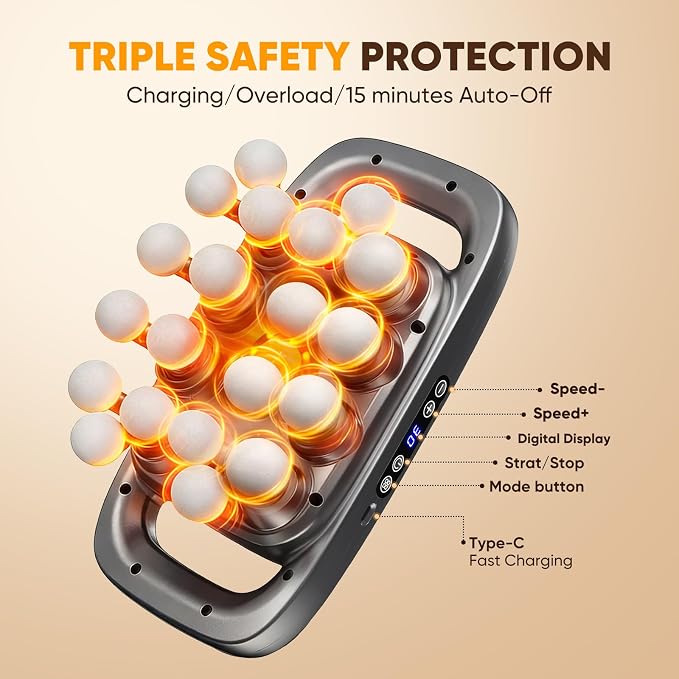 20-Head Massage Gun, 3 Modes and 30 Speed Levels | 20-head wide coverage, quiet 35 dB operation, Type-C charging, and up to 6 hours of cordless use for full-body relaxation.