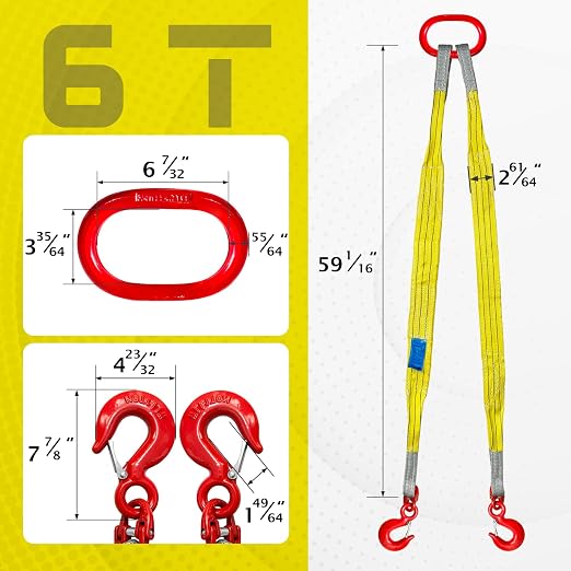 Lifting Slings Straps with Hooks - 5 Feet, 13227 Pounds Capacity | Polyester Bridle Sling fitted with G80 alloy steel eye hooks, heavy duty, Ideal for engine hoists & industrial rigging work