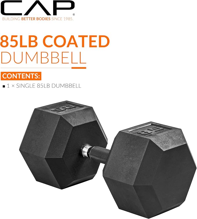 CAP Rubber Coated Dumbbell Weights, Free Weights for Home Gym Strength Training, Anti-Roll Hex Dumbbells with Black, Chrome & Comfort Grip Handles, Singles