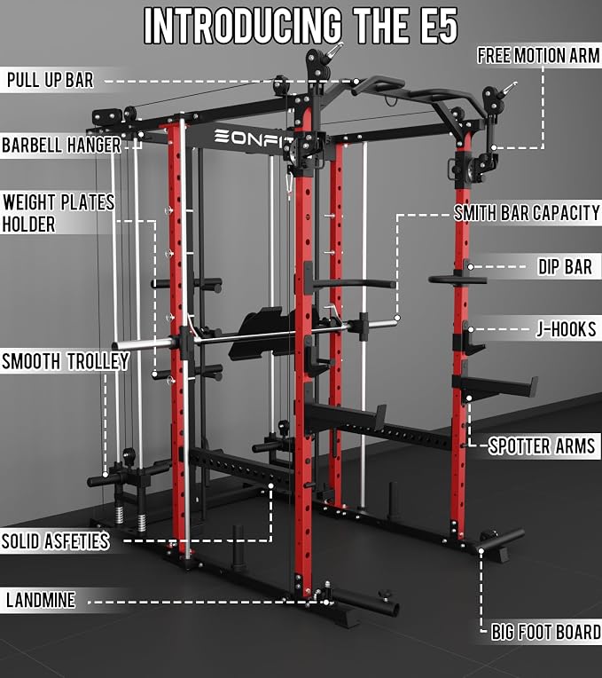 Eonfit E5 Smith Machine with Leg Press for Home Gym | Functional Trainer Power Rack Power Cage With Pivot Arms Lat Cable Crossover Pulley System All In One For Garage Apartment