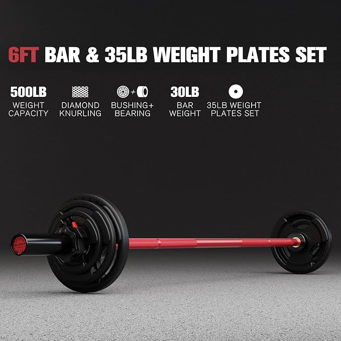 RitFit Barbell Weight Set - 4/6FT Olympic Barbell with Weight Plates (55-115LB Total) - Weightlifting Equipment for Squats, Curls, Deadlifts, Presses, Hip Thrusts