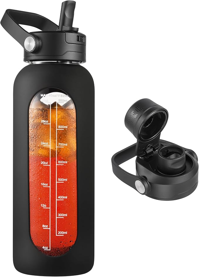 CIVAGO 40 oz Glass Water Bottle with Detachable Straw and Time Maker | Motivational Large Flask Cup with Handle, Leakproof Lids, Wide Mouth, Silicone Sleeve, Tumbler for Juice, Black