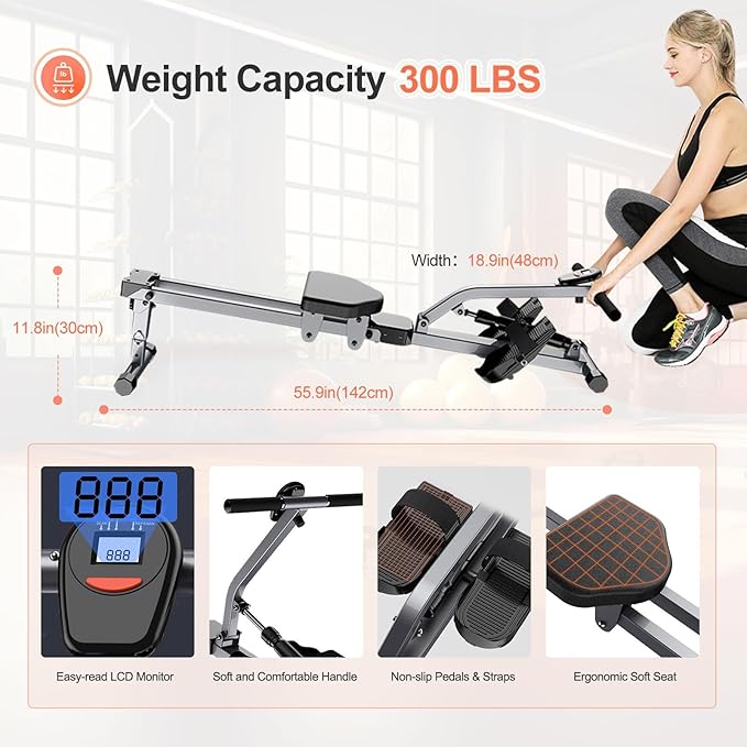 Foldable Rowing Machine, 12-Level Hydraulic Rower for Home Gym | 300LBS Capacity Compact Rowing Machine with LCD Display, Full Body Workout Equipment for Home Exercise & Cardio Training
