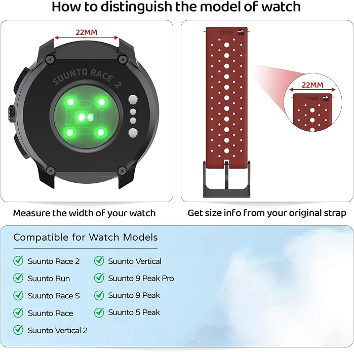 Watch Band for Suunto Race 2/Vertical 2/Run/S/9 Peak/Pro/5 Peak | Soft Silicone 22mm Replacement Bands for Vertical/Race/9 Peak Pro