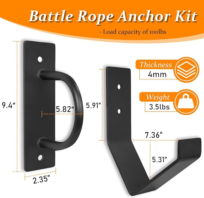 Heavy Duty Battle Rope Anchor Kit Wall Mount | Wall Anchor & Storage Hook for 30-50FT 1-2.5 Inch Battle Ropes, Multi-Functional Wall Bracket for Home Commercial Gym Garage