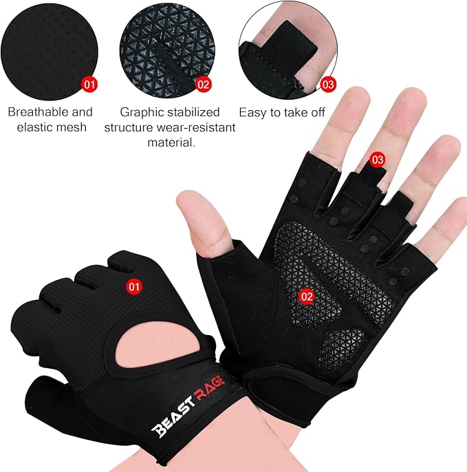 BEAST RAGE Workout Gloves for Men & Women - Fingerless Gym Gloves with Palm Protection, Breathable & Lightweight for Weightlifting, Cycling & Pull Up