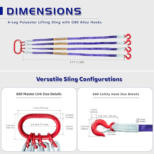 Industrial-Grade 5 ft (1.5m) Polyester Lifting Sling – 8,800 lbs (4 Ton) Capacity, 4 Legs, 6:1 Safety Ratio, G80 Hooks – Heavy-Duty, Durable, and Safe for Rigging and Overhead Lifting