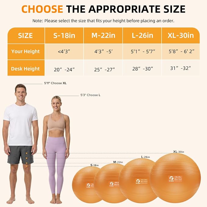 Gruper Yoga Ball, Extra Thick Non Slip Exercise Ball for Workout, Yoga, Pregnancy, 4 Sizes Anti Burst Chair for Home and Office, Includes Foot Pump & Fitness Guide