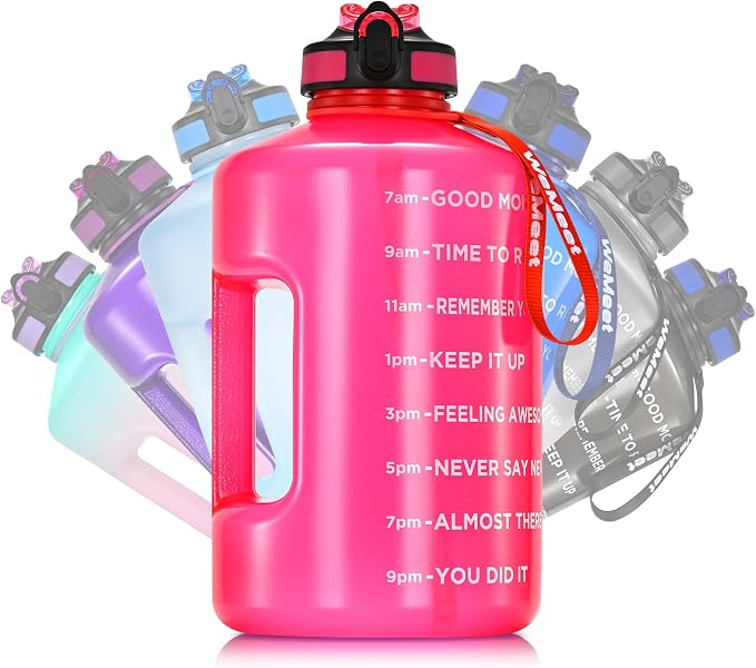 WEMEET Motivational Gallon Water Bottle, BPA Free, Large Sport Water Jug with Handle & Straw, for Fitness, Outdoor, Gym, Travel, Camping, Office (Pink)