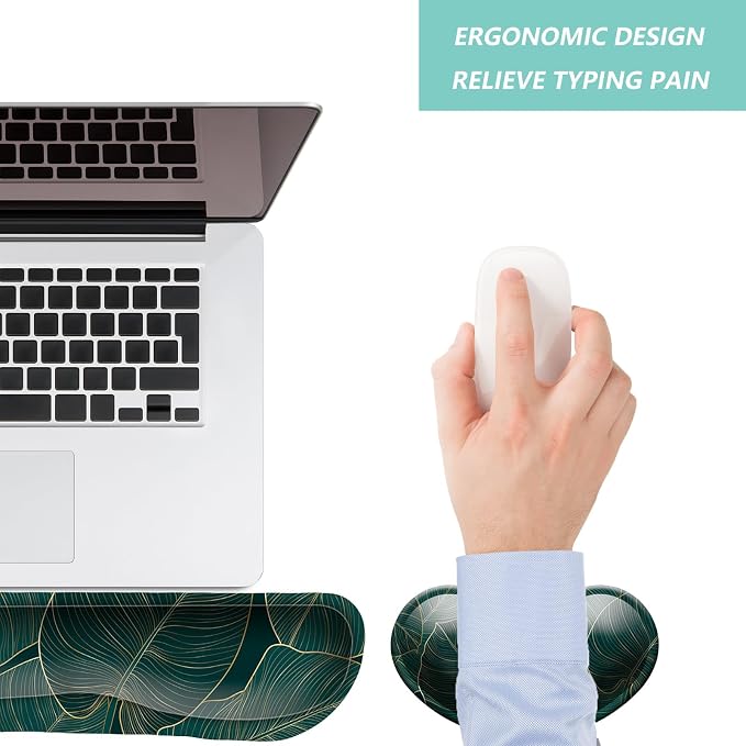 Keyboard Wrist Rest Mouse Wrist Support Set, Memory Foam Wrist Rest Pad for Computer Laptop Keyboard Mouse, Ergonomic Wrist Cushion Support for Typing Pain Relief, Gaming Home Office, Green Leaves