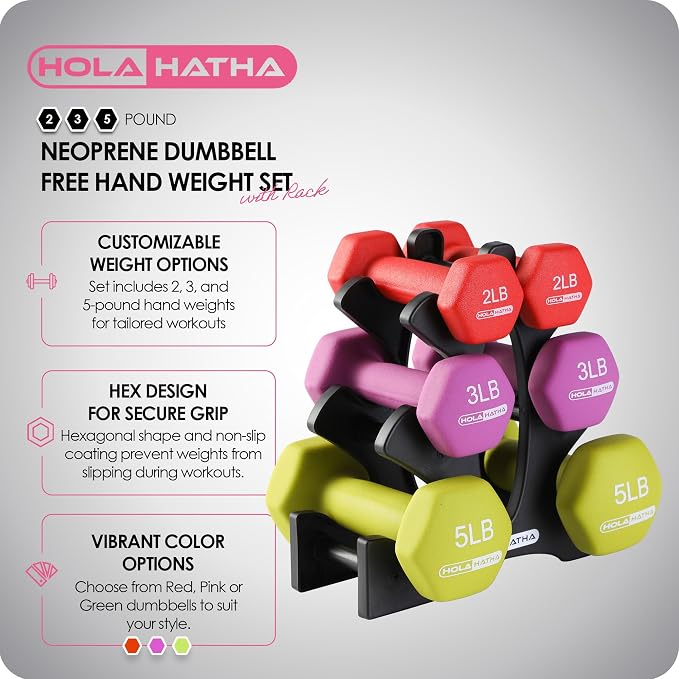 HolaHatha 1, 2 and 3 lb Neoprene Dumbbell Strength Training Weight Set with Rack