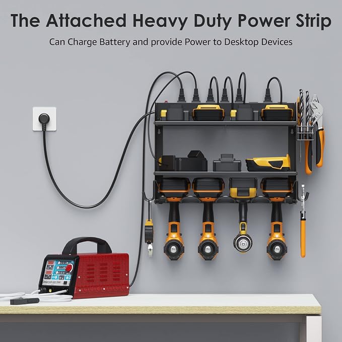 CCCEI Wall Mount Modular Tool Charging Organizer, Black, 2 Pack, 3 Tier. | Drill Battery Storage Rack with Hooks, Garage Workshop, Gifts for Men, Dad, Husband Anniversary, Birthday, Christmas