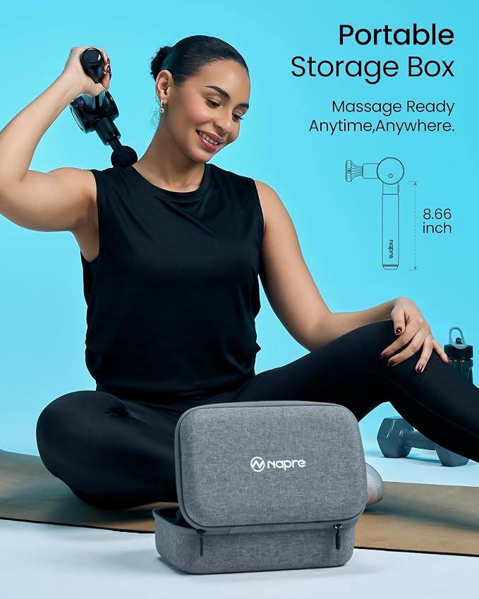 NAPRE Massage Gun with Heat,Massage Gun Deep Tissue with Extension Handle | Handheld Percussion Muscle Massager for Back Neck Pain Relief,3 Adjustable Angles,5 Speeds,6 Heads,Case,Black