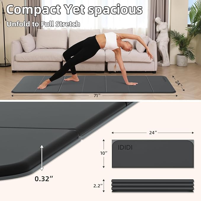 Foldable Yoga Mat Extra Thick 0.32 Inches(8mm) | SGS-certified, odorless POE. Non-slip surface & no curling edges. Great for yoga, Pilates & home gym.