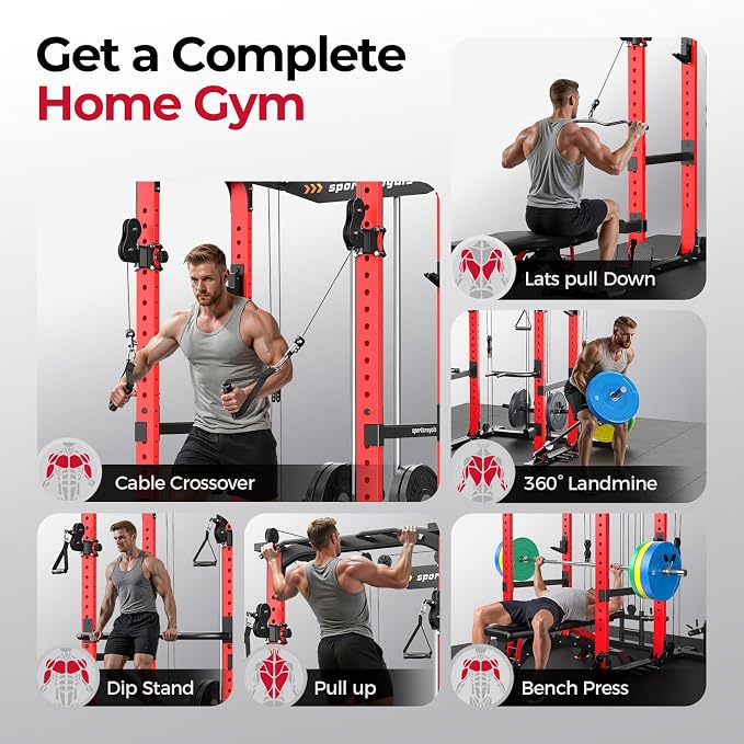SPORTSROYALS Power Rack, Multi-Functional Power Cage, Squat Rack with Pulley System & LAT Pull Down, Workout Cage with J Hooks for Home Gym