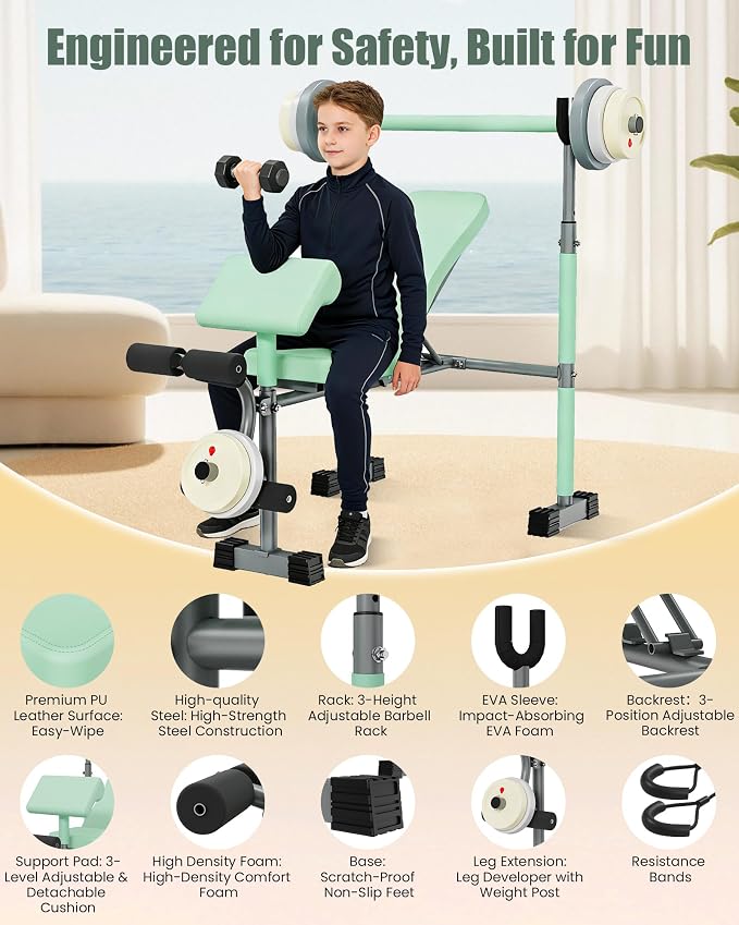 Kids Workout Equipment, Adjustable Kids Workout Bench with Preacher Pad & Leg Developer, Fillable Weight Plates for Home Gym Fitness & Exercise