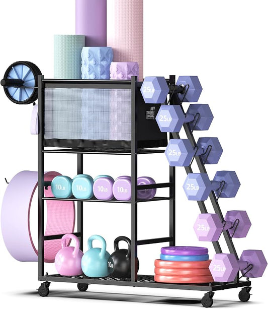 Mythinglogic Dumbbell Rack with Yoga Mat Holder and Wheels for Home Gym | Features a side dumbbell rack, yoga mat basket, shelves and hooks for kettlebells, weight plates, foam rollers and gym gear