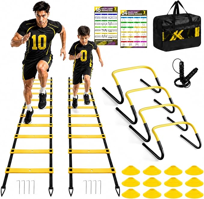 BORNEW 2 Pack Agility Ladder, Soccer Speed Training Equipment Set with Total 26 ft Agility Ladder, 12 Cones, 4 Adjustable Hurdles, Jump Rope, for Soccer, Basketball, Football, Kids, Youth, Adults