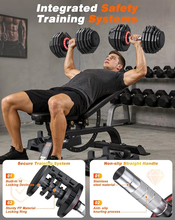 Rendpas Adjustable Dumbbell Set for Home Gym Strength Training | 25/55/80LB Pair, 10-in-1/16-in-1 Weight Set, 1-Sec Quick Adjust, Non-Slip Knurled Grip, Dual-Lock Safety, Space-Saving Tray