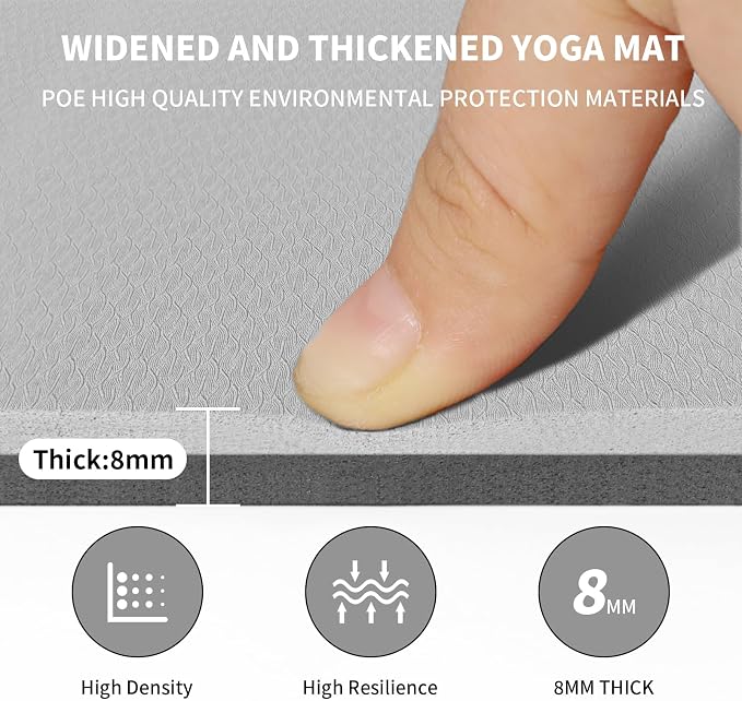 8mm & 10mm Thick Large Yoga Mat (6'x 4') - Extra Long and Wide Workout Mat for Men and Women, Non-Slip POE Fitness Mat, Eco-Friendly Exercise Mat for Home Workouts, Ideal for Yoga and Pilates