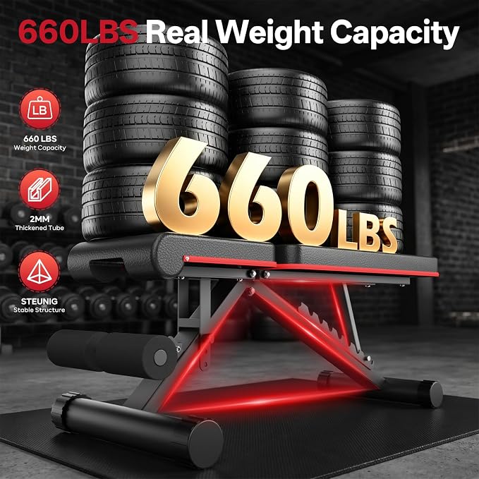 PASYOU Adjustable Weight Bench, 660LB Capacity Foldable Workout Bench, Incline Flat Bench Press for Home Gym, Dual-Frame Strength Training Bench, No Assembly Required, Wider Seat