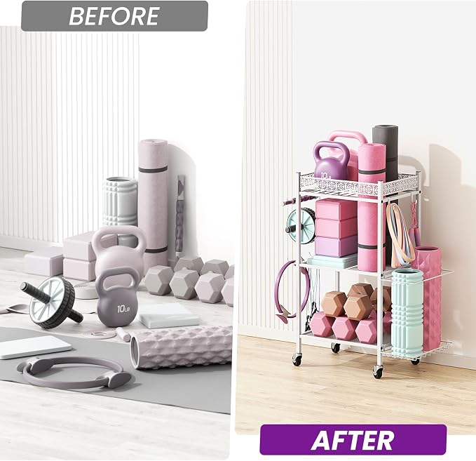 Yoga Mat Storage Rack, Home Gym Storage Rack, VOPEAK Workout Storage for Yoga Mat, Foam Roller, Gym Organizer Gym Equipment Storage for Home Exercise and Fitness Gear
