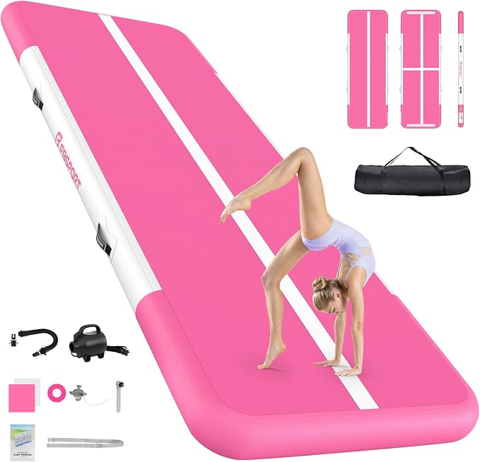 FBSPORT 6.6ft/10ft/13ft/16ft/20ft Inflatable Air Gymnastics Training Mat | 4/6/8 inches Thickness Inflatable Mat, with Electric Pump, Suitable for Home Training/Cheerleading/Yoga/Water