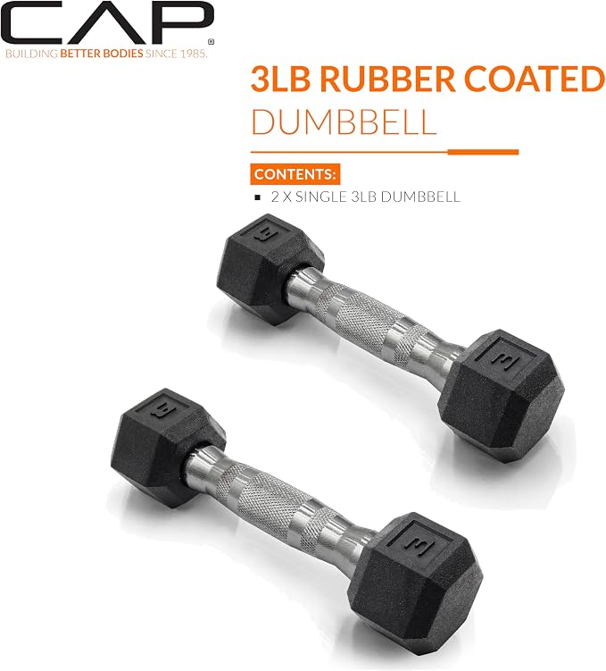 CAP Rubber Coated Dumbbell Weights, Free Weights for Home Gym Strength Training, Anti-Roll Hex Dumbbells with Black, Chrome & Comfort Grip Handles, Pairs & Sets