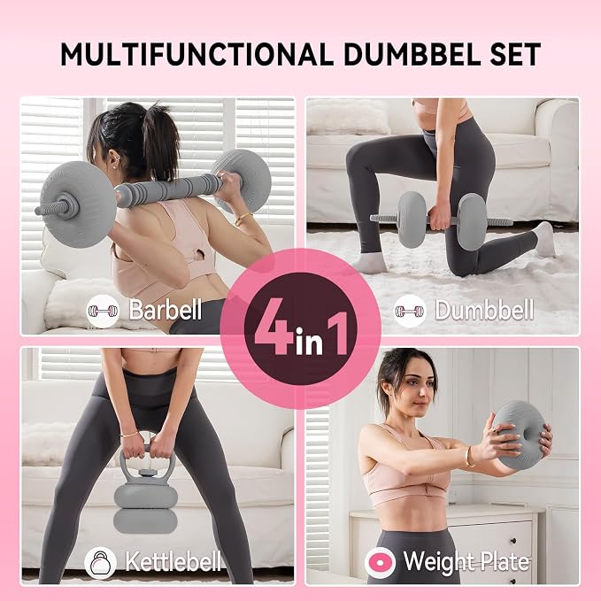 Adjustable Dumbbell Set 13LB/18LB/22LB/35LB, 4-in-1 Soft Shell Weight Set with Connector, Converts to Barbell & Kettlebell, Strength Training Equipment for Home Gym, Ideal for Women & Beginners