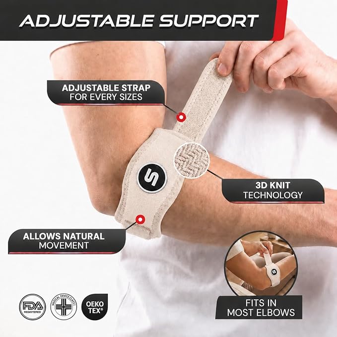 Sleeve Stars Tennis Elbow Brace for Men & Women, Elbow Brace for Tendonitis, Tennis Elbow Strap, Golfers Elbow Brace, Elbow Support Wrap for Tennis Elbow Relief, Fits 9"-23" (Pair/Beige)