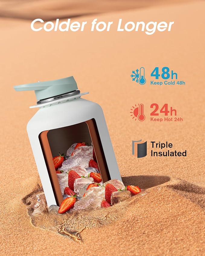 Coolflask Half Gallon Water Bottle Insulated Stainless Steel with Strap | 64 oz Large Water Jug with Straw & Spout Lids,Triple-Wall, Cold 48+h,Dishwasher Safe, Leakproof, BPA-Free,for Gym & Hiking