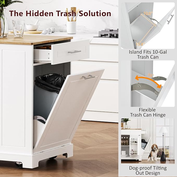 Merax Fluted Kitchen Island with Trash Can Storage Cabinet, Power Outlet, Internal Storage Rack, Rolling Kitchen Storage Cart on 5 Wheels with 3 Drawer, 3 Open Side Racks, White